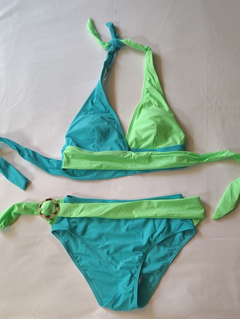 Women’s Two-Tone Teal & Lime Bikini - Wrap Top Size Small NWOT